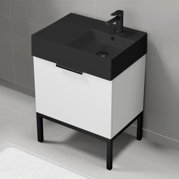 Small Bathroom Vanity With Black Sink, Floor Standing, 24", Glossy White