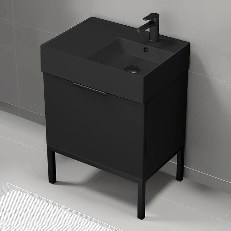 Modern Bathroom Vanity With Black Sink, Free Standing, 24", Matte Black