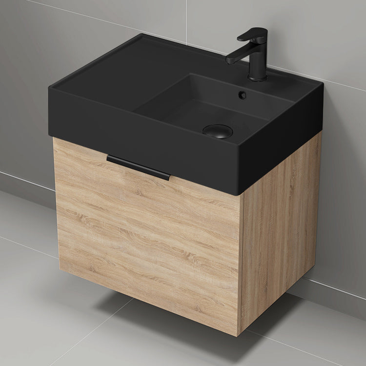 Modern Bathroom Vanity With Black Sink, Small, Floating, 24", Brown Oak