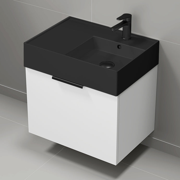 Modern Bathroom Vanity With Black Sink, Wall Mount, 24", Glossy White