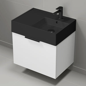 Modern Bathroom Vanity With Black Sink, Wall Mount, 24", Glossy White