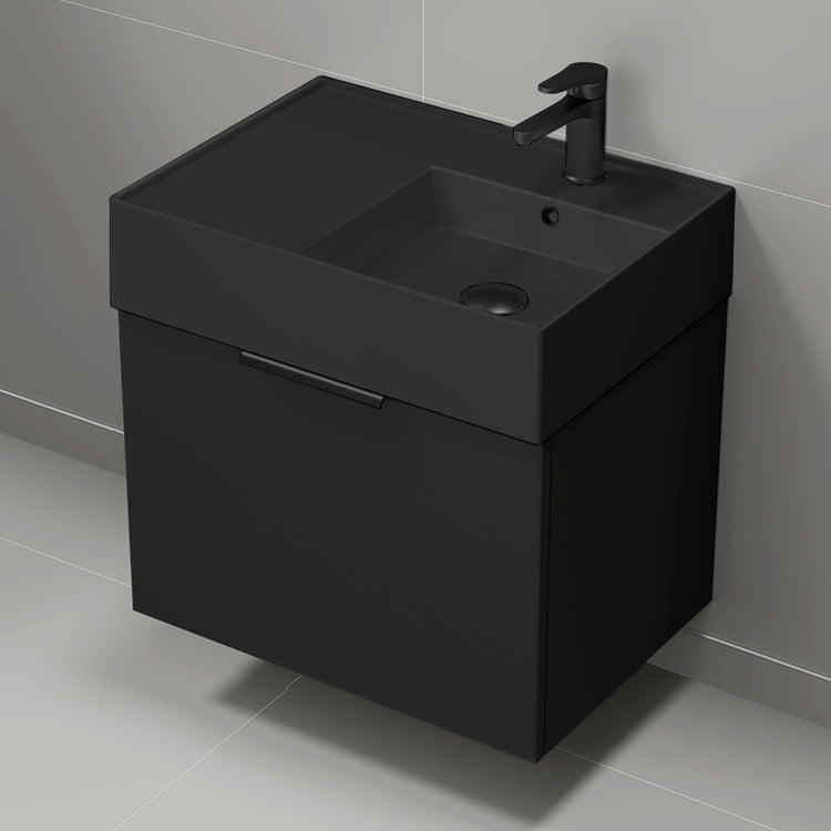 Black Bathroom Vanity With Black Sink, Modern, Wall Mounted, 24"
