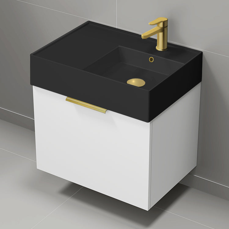 Modern Bathroom Vanity With Black Sink, Wall Mount, 24", Glossy White