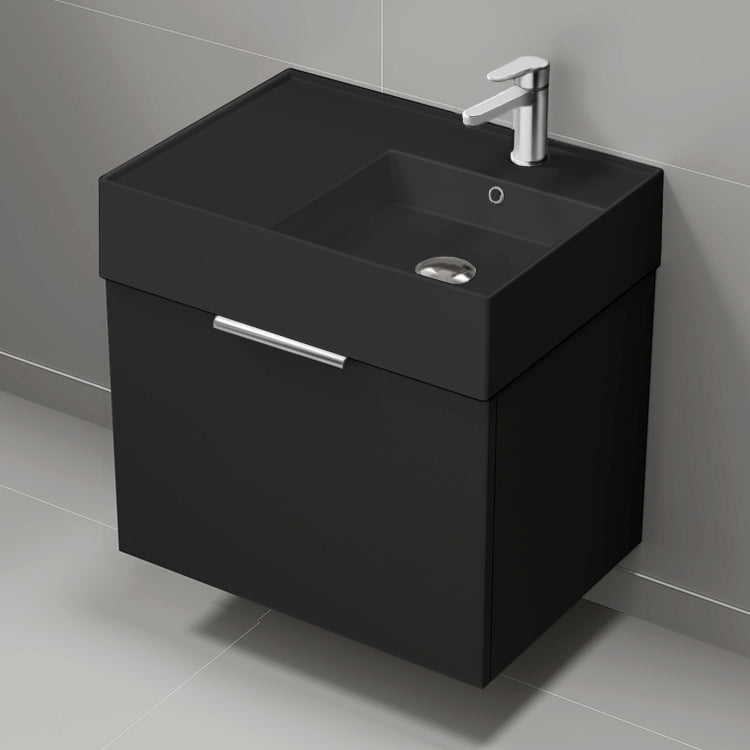Black Bathroom Vanity With Black Sink, Modern, Wall Mounted, 24"