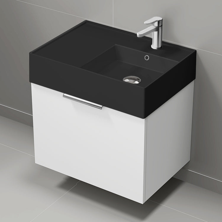 Modern Bathroom Vanity With Black Sink, Wall Mount, 24", Glossy White