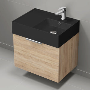 Modern Bathroom Vanity With Black Sink, Small, Floating, 24", Brown Oak