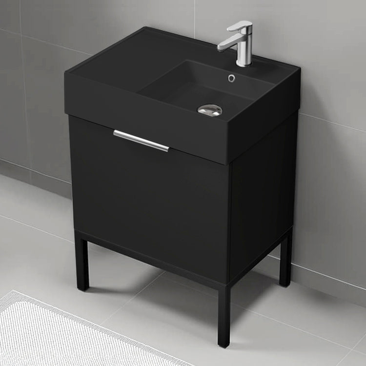 Modern Bathroom Vanity With Black Sink, Free Standing, 24", Matte Black