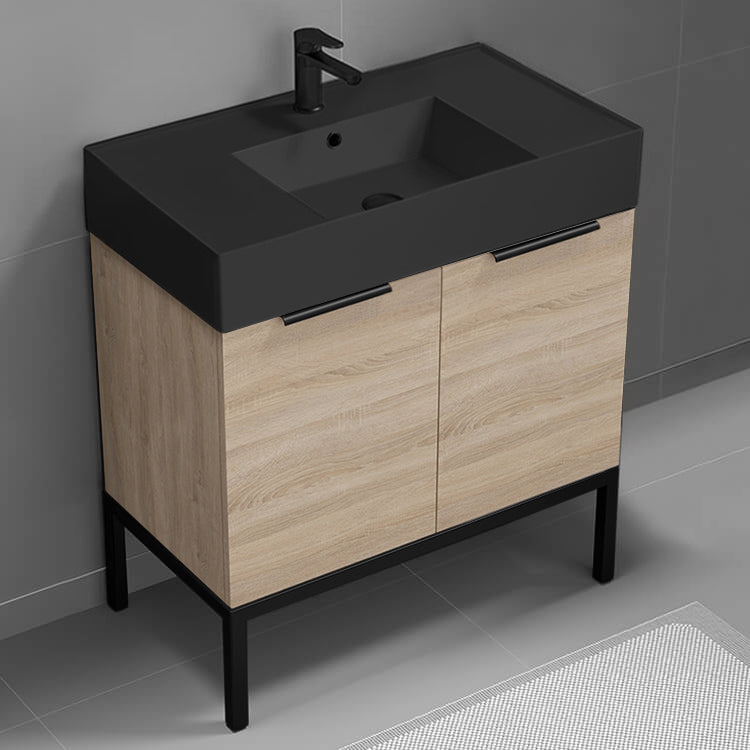 Modern Bathroom Vanity With Black Sink, Free Standing, 32", Brown Oak