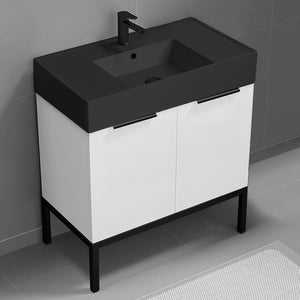 Modern Bathroom Vanity With Black Sink, Floor Standing, 32", Glossy White