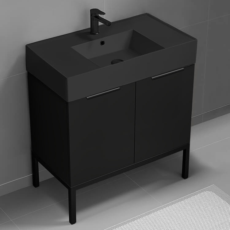 Free Standing Bathroom Vanity With Black Sink, Matte Black, Modern, 32"