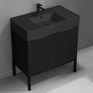 Free Standing Bathroom Vanity With Black Sink, Matte Black, Modern, 32"