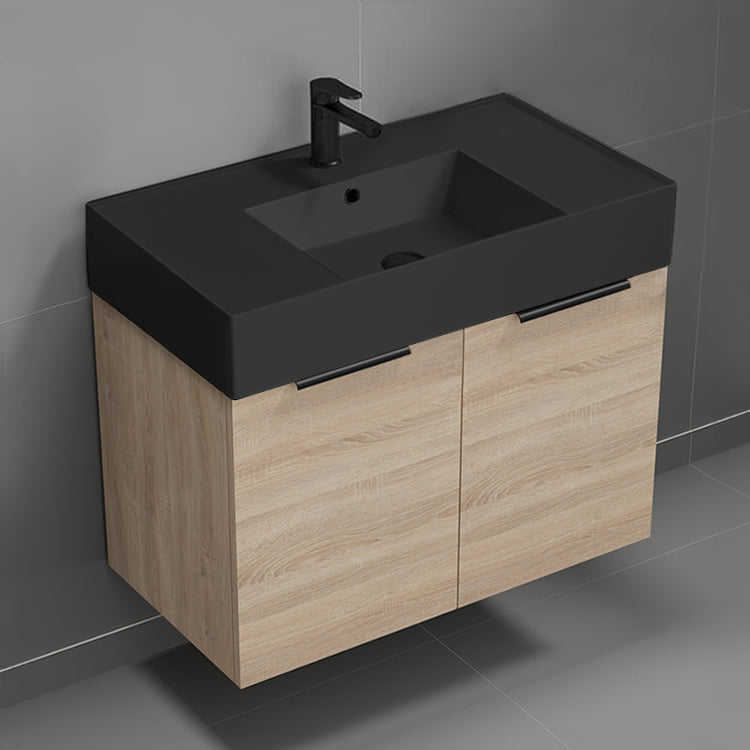 Wall Mounted Bathroom Vanity With Black Sink, 32", Modern, Brown Oak