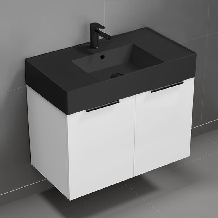 32" Bathroom Vanity With Black Sink, Modern, Wall Mount, Glossy White