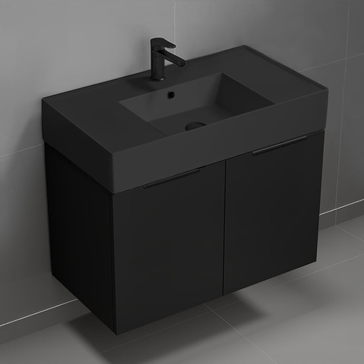 32" Black Bathroom Vanity With Black Sink, Floating, Modern