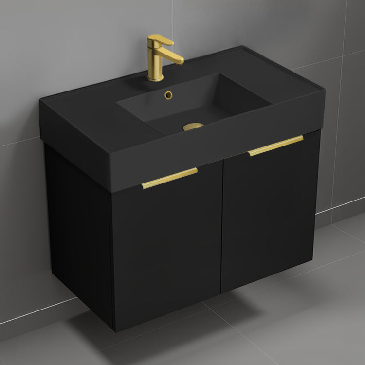 32" Black Bathroom Vanity With Black Sink, Floating, Modern