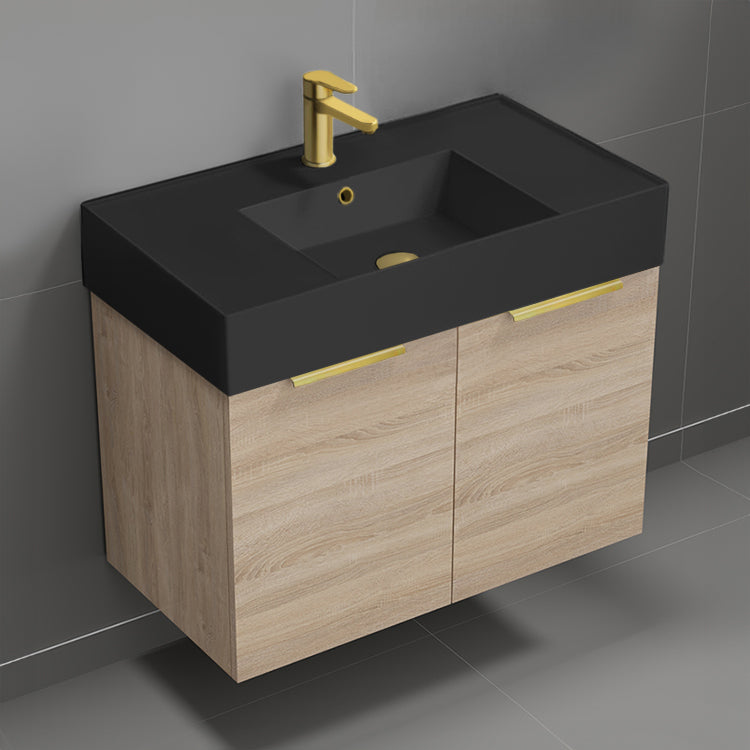 Modern Bathroom Vanity With Black Sink, Wall Mounted, Single, 32", Brown Oak