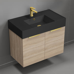 Modern Bathroom Vanity With Black Sink, Wall Mounted, Single, 32", Brown Oak