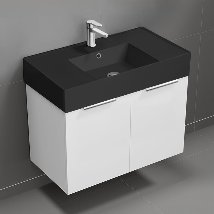 32" Bathroom Vanity With Black Sink, Modern, Wall Mount, Glossy White