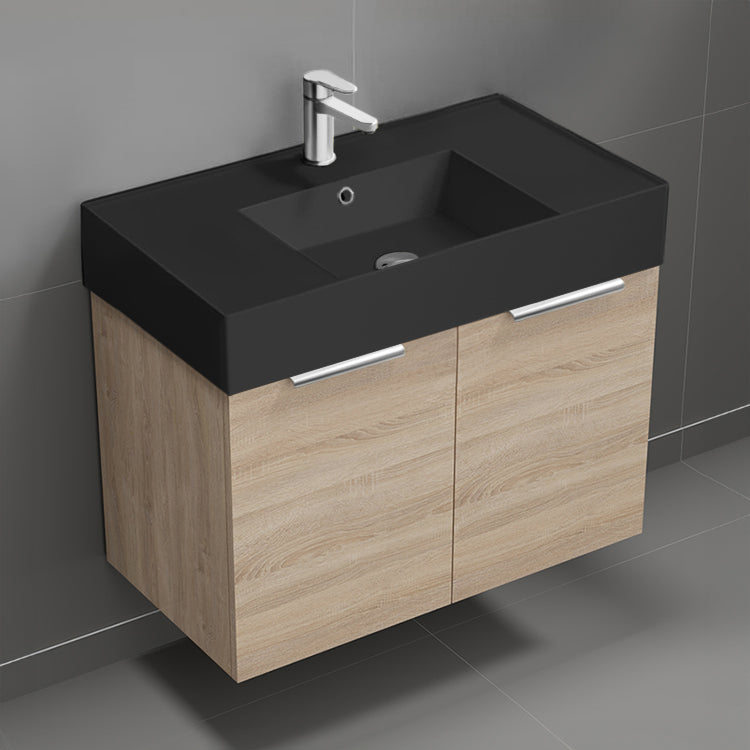 Modern Bathroom Vanity With Black Sink, Wall Mounted, Single, 32", Brown Oak