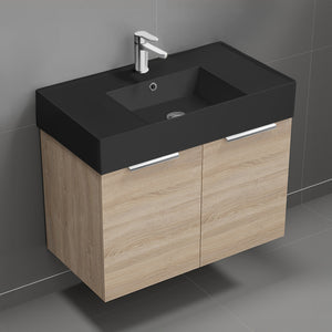 Modern Bathroom Vanity With Black Sink, Wall Mounted, Single, 32", Brown Oak