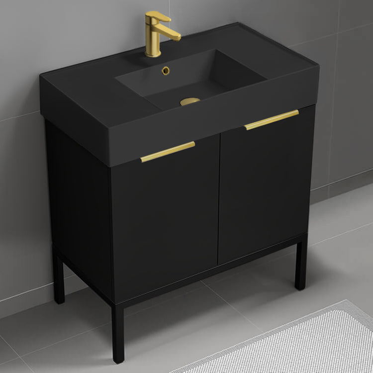 Black Bathroom Vanity With Black Sink, Modern, Free Standing, 32"