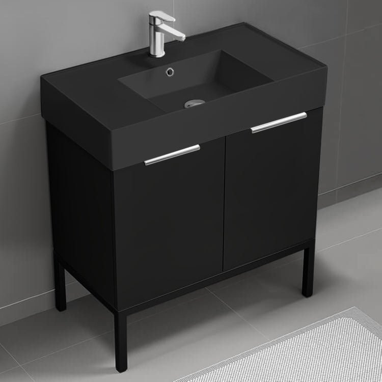Black Bathroom Vanity With Black Sink, Modern, Free Standing, 32"