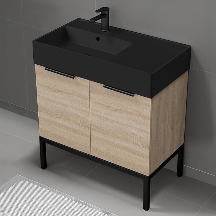 Modern Bathroom Vanity With Black Sink, Free Standing, 32", Brown Oak