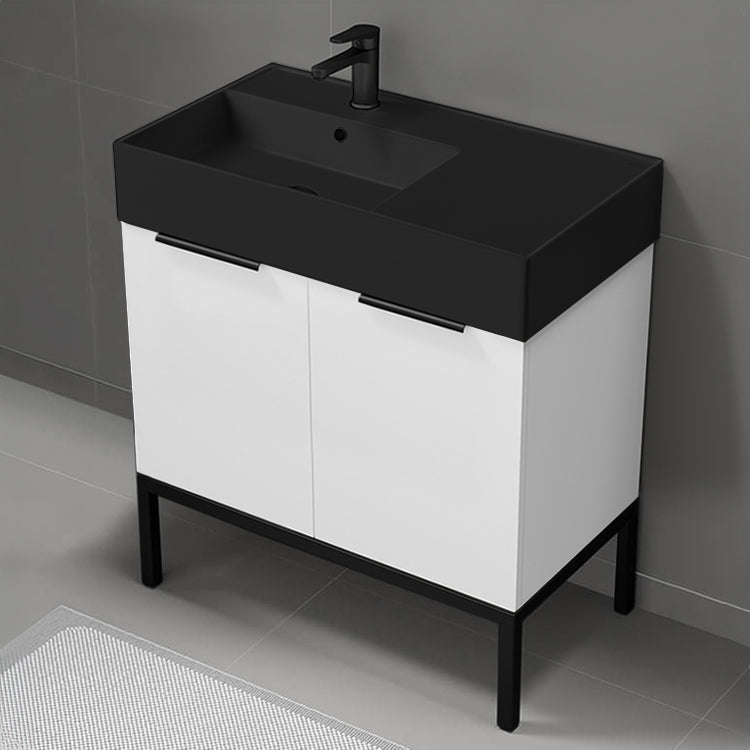 Modern Bathroom Vanity With Black Sink, Floor Standing, 32", Glossy White