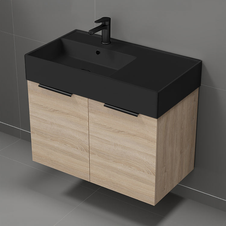 Modern Bathroom Vanity With Black Sink, Wall Mounted, Single, 32", Brown Oak