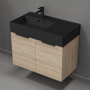 Modern Bathroom Vanity With Black Sink, Wall Mounted, Single, 32", Brown Oak