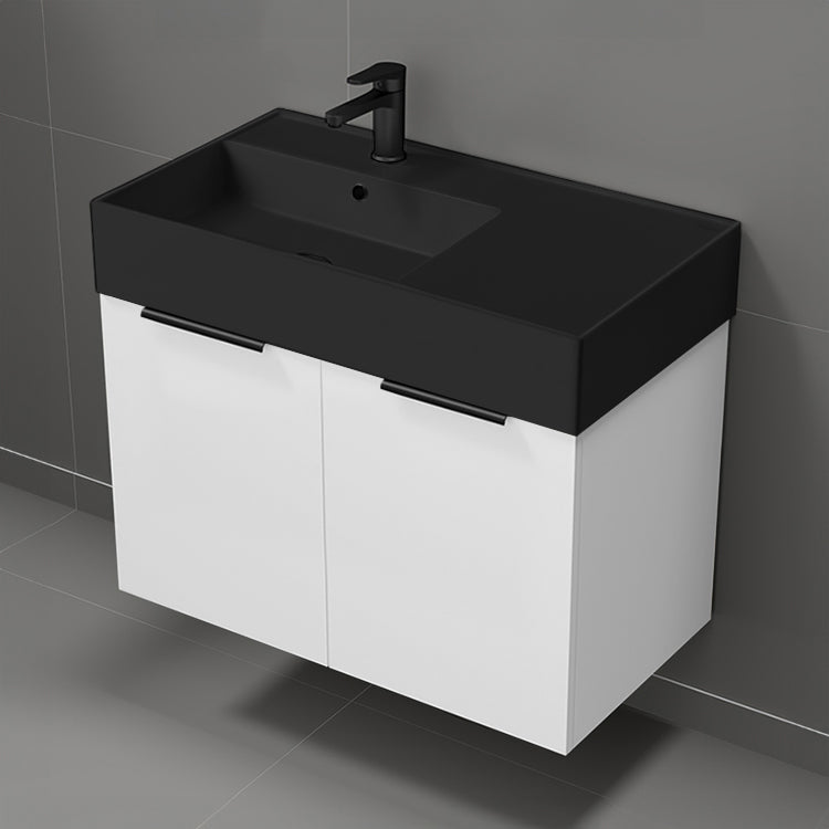 32" Bathroom Vanity With Black Sink, Modern, Wall Mount, Glossy White