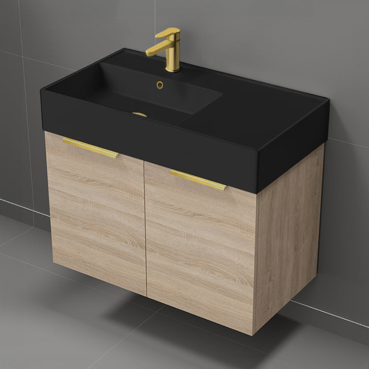 Modern Bathroom Vanity With Black Sink, Wall Mounted, Single, 32", Brown Oak