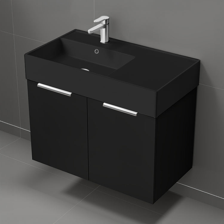 32" Black Bathroom Vanity With Black Sink, Floating, Modern