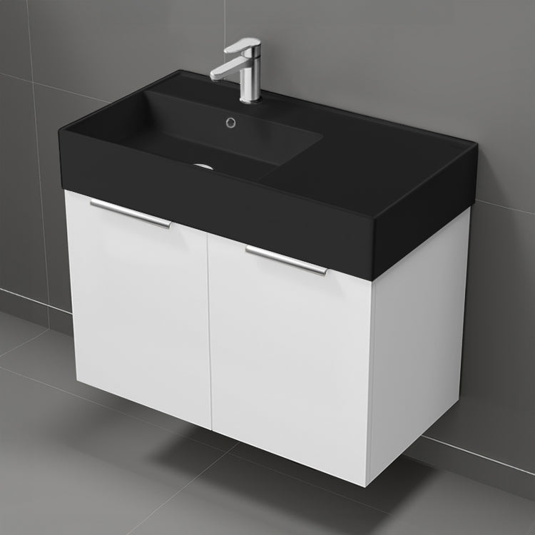 32" Bathroom Vanity With Black Sink, Modern, Wall Mount, Glossy White