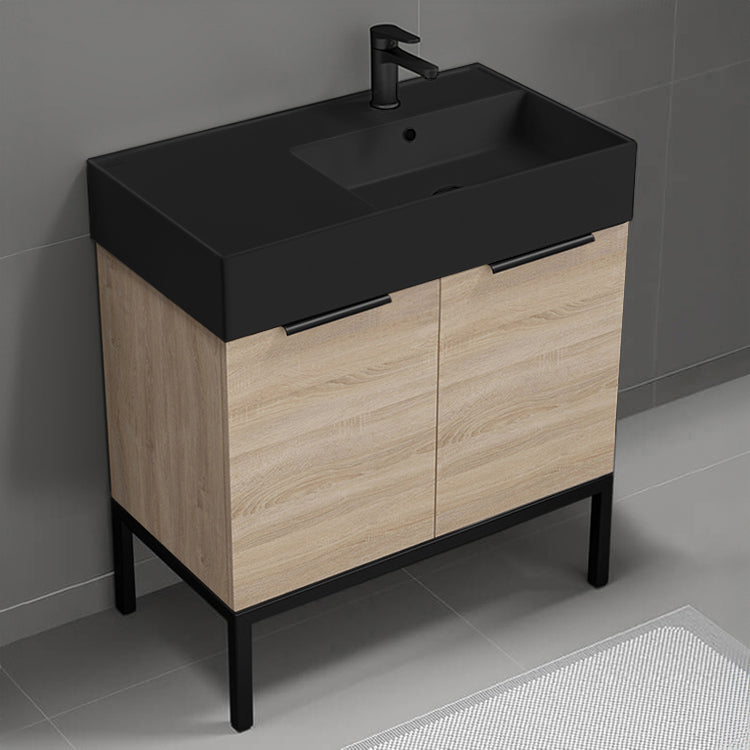 Modern Bathroom Vanity With Black Sink, Free Standing, 32", Brown Oak