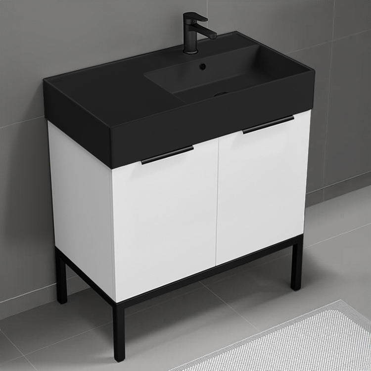 Modern Bathroom Vanity With Black Sink, Floor Standing, 32", Glossy White