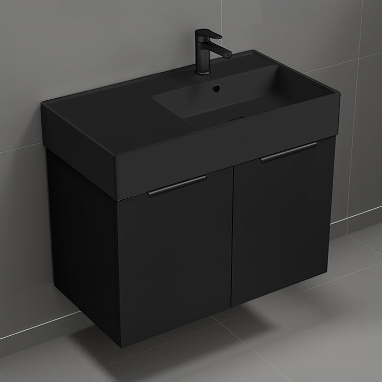 32" Black Bathroom Vanity With Black Sink, Floating, Modern