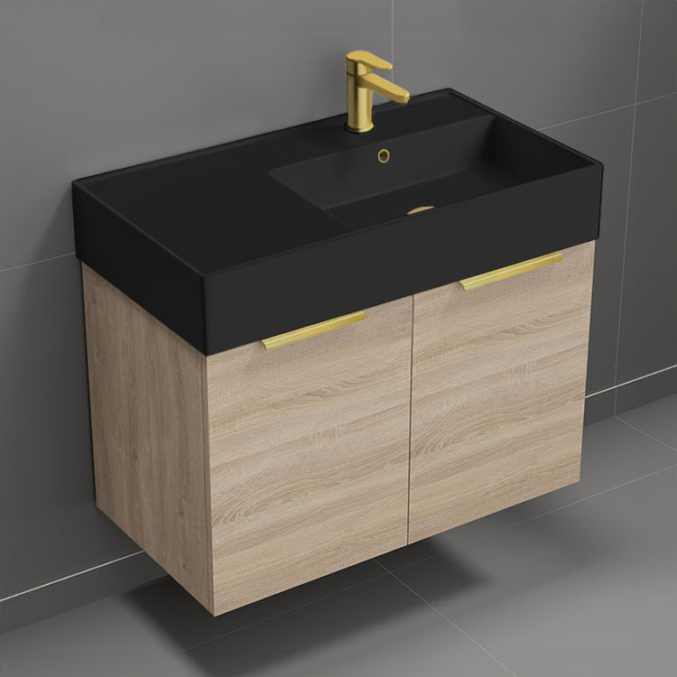 Modern Bathroom Vanity With Black Sink, Wall Mounted, Single, 32", Brown Oak