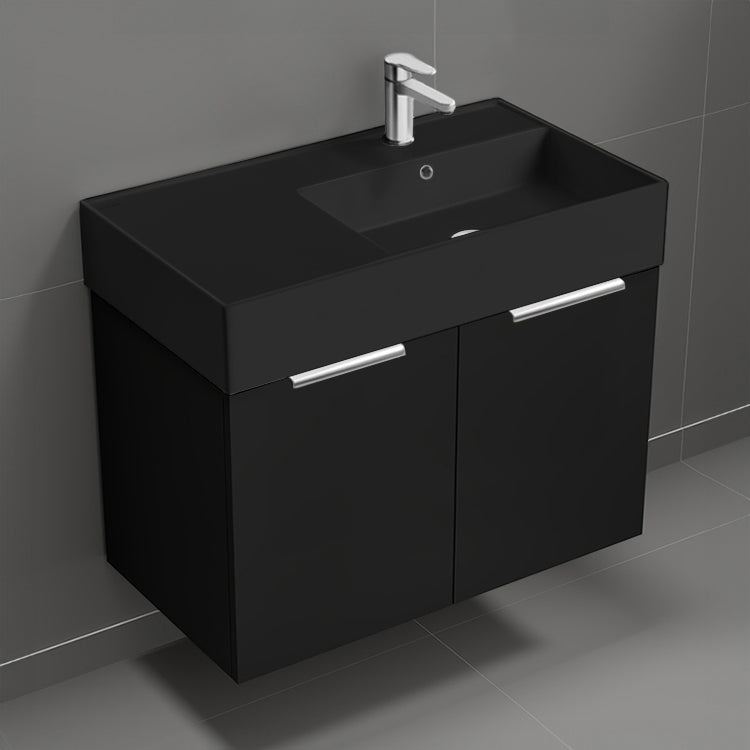 32" Black Bathroom Vanity With Black Sink, Floating, Modern