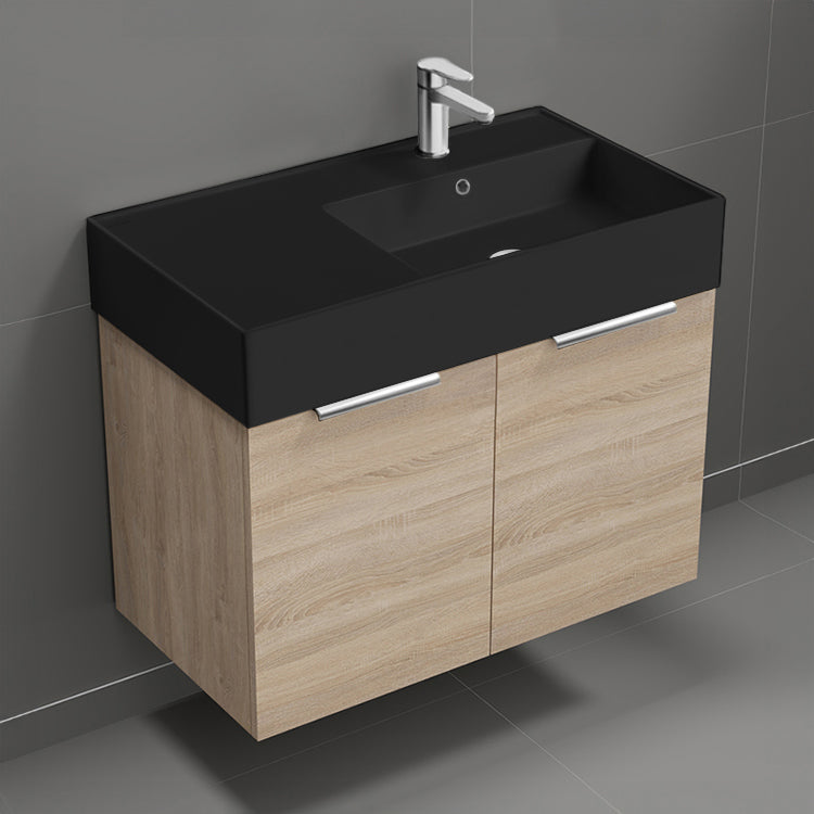 Modern Bathroom Vanity With Black Sink, Wall Mounted, Single, 32", Brown Oak