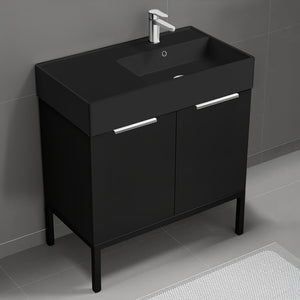 Black Bathroom Vanity With Black Sink, Modern, Free Standing, 32"