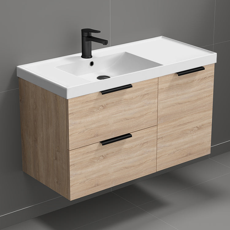 36" Bathroom Vanity, Wall Mounted, Modern, Brown Oak