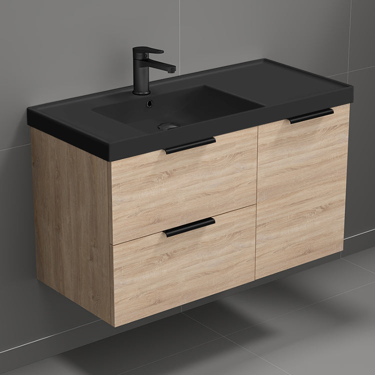 36" Bathroom Vanity With Black Sink, Wall Mounted, Modern, Brown Oak