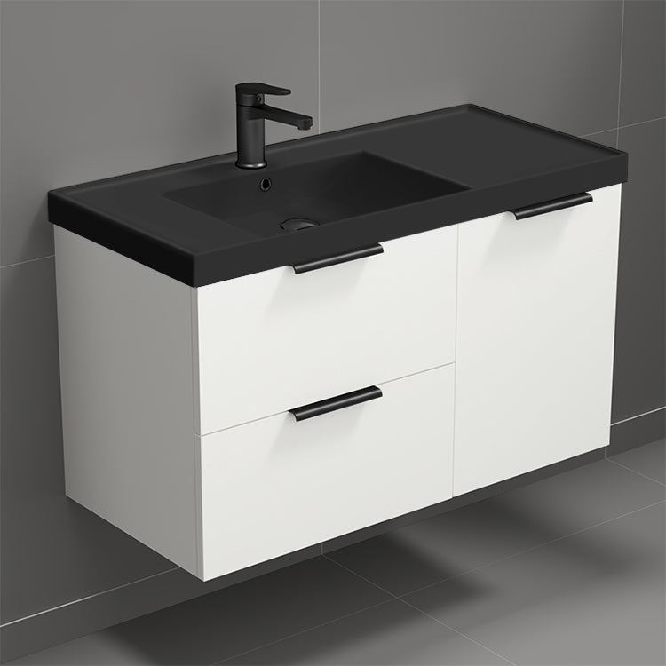 36" Bathroom Vanity With Black Sink, Modern, Wall Mount, Glossy White