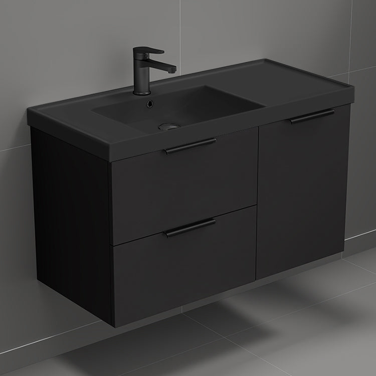 36" Black Bathroom Vanity With Black Sink, Wall Mounted, Modern