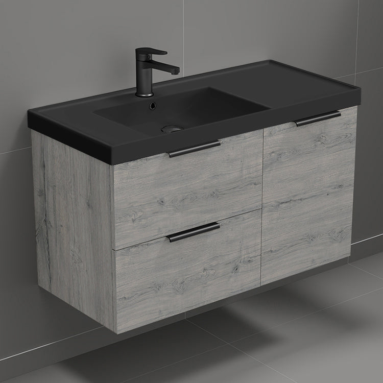 Grey Oak Bathroom Vanity With Black Sink, Modern, 36", Wall Mounted