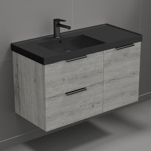 Grey Oak Bathroom Vanity With Black Sink, Modern, 36", Wall Mounted