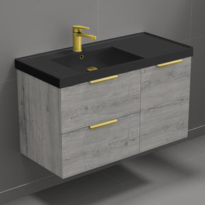 Wall Mounted Bathroom Vanity With Black Sink, Modern, 36", Grey Oak