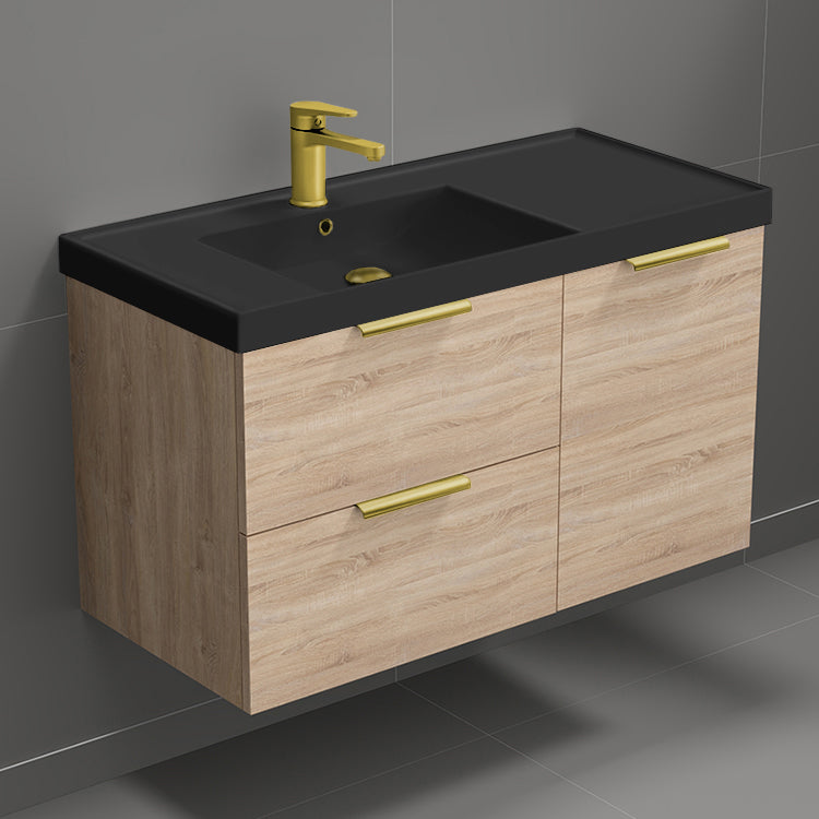 Modern Bathroom Vanity With Black Sink, Wall Mounted, Single, 36", Brown Oak