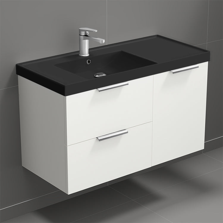 36" Bathroom Vanity With Black Sink, Modern, Wall Mount, Glossy White
